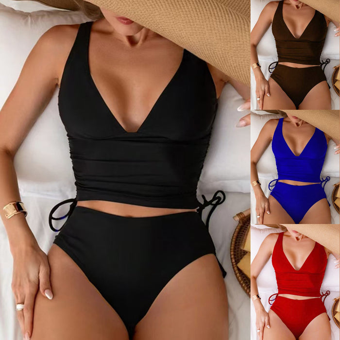 Drawstring Strap V-Neck High-Waist Backless Bikini