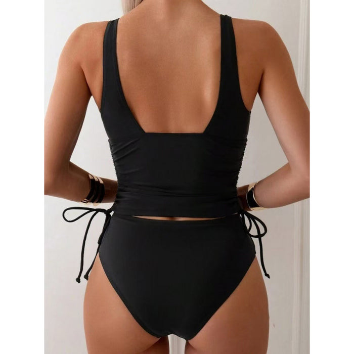 Drawstring Strap V-Neck High-Waist Backless Bikini