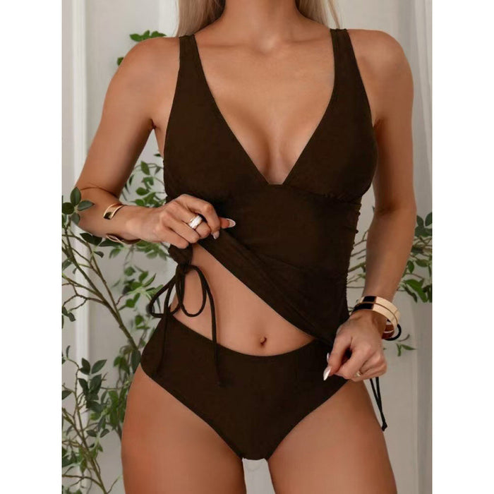 Drawstring Strap V-Neck High-Waist Backless Bikini