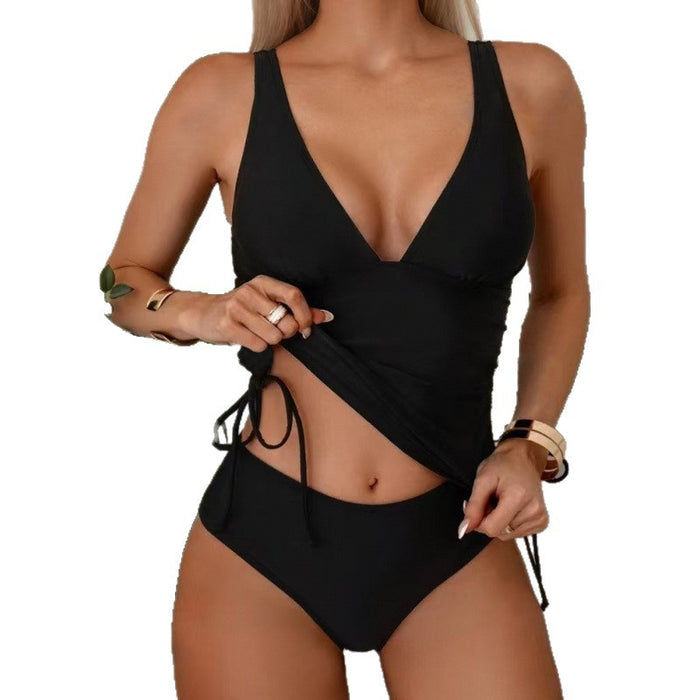 Drawstring Strap V-Neck High-Waist Backless Bikini