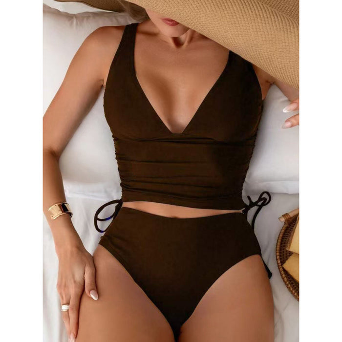 Drawstring Strap V-Neck High-Waist Backless Bikini