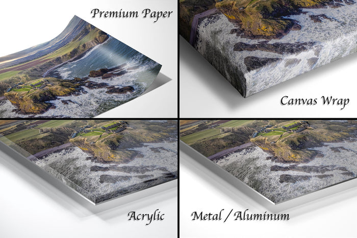 The image is a collage of four different types of printed materials, including a premium paper, a canvas wrap, an acrylic, and a metal/aluminum.