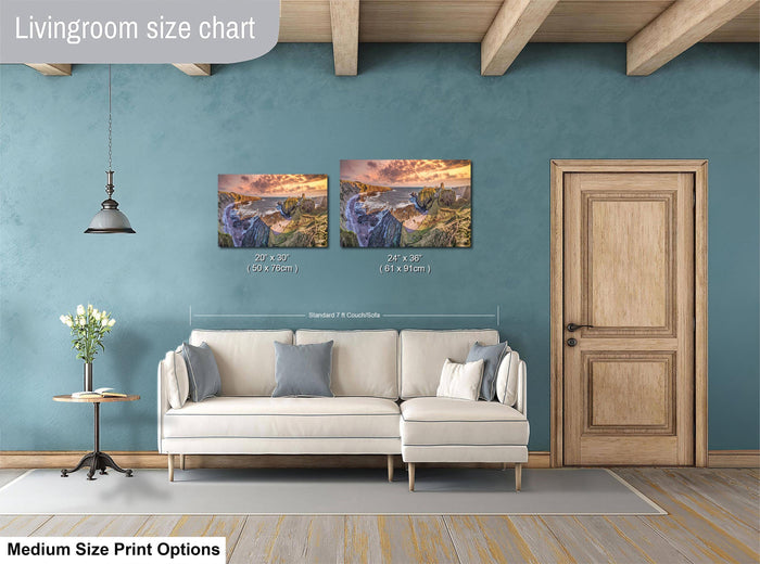 a living room with blue walls and a white couch