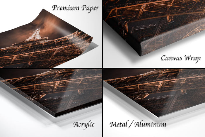 The image is a collage of four different views of a printed artwork, including a close-up of the artwork, a canvas wrap, an acrylic print, and a metal/aluminum print.