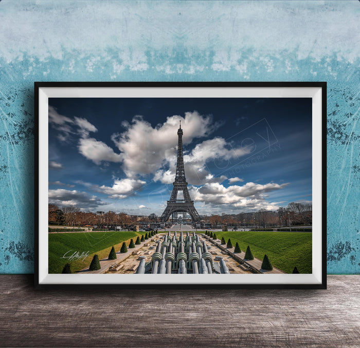 a large, framed picture of the Eiffel Tower in Paris, France, with a lush, green park in the foreground.
