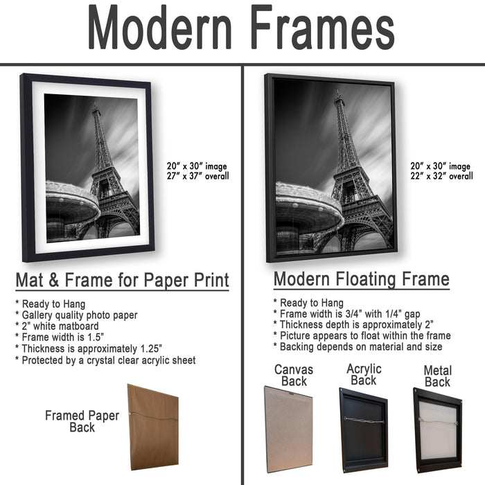 The image is a comparison of modern framed prints and modern floating frames, featuring two black and white photographs of the Eiffel Tower.