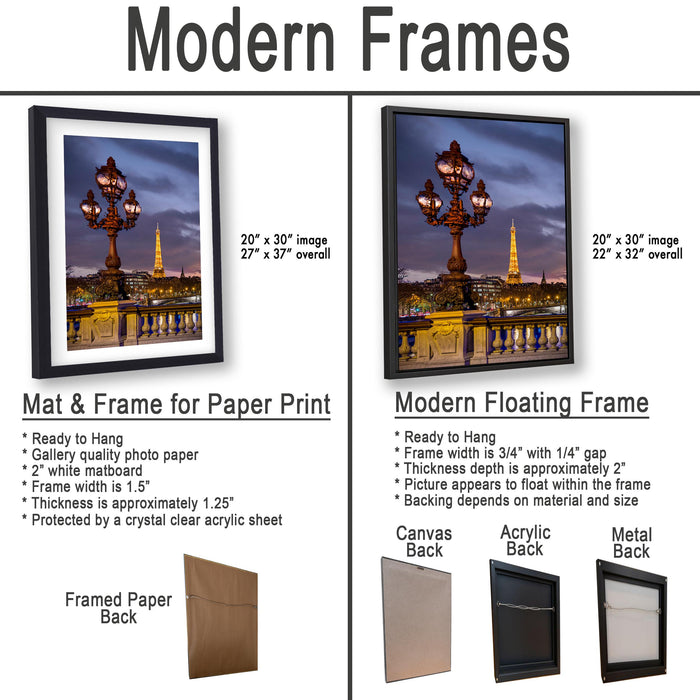 The image is a comparison of modern framed prints and modern floating frames, featuring images of the Eiffel Tower at night.