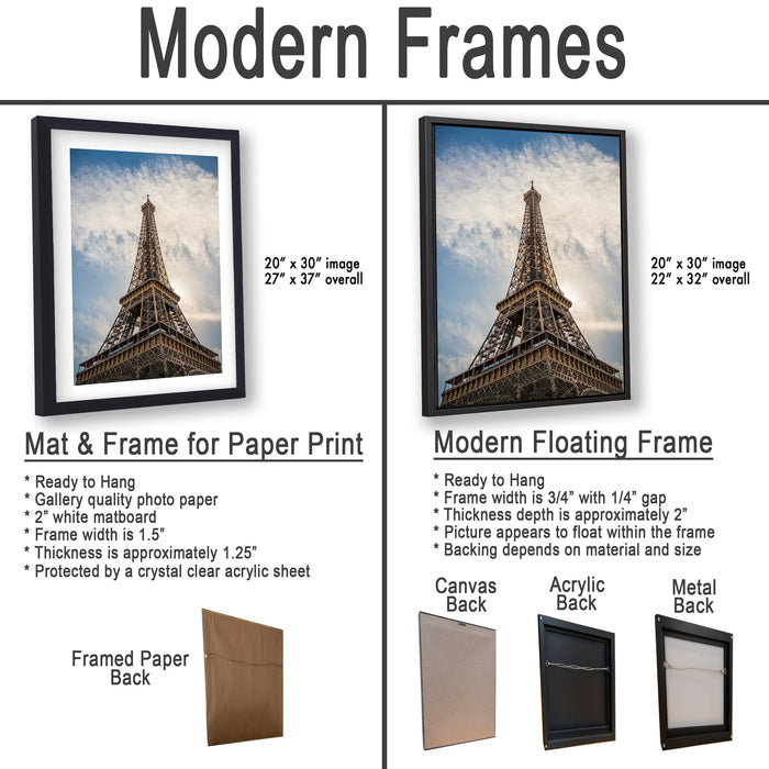 two framed pictures of the Eiffel Tower, with information about the mat and frame options for paper print and modern floating frames.