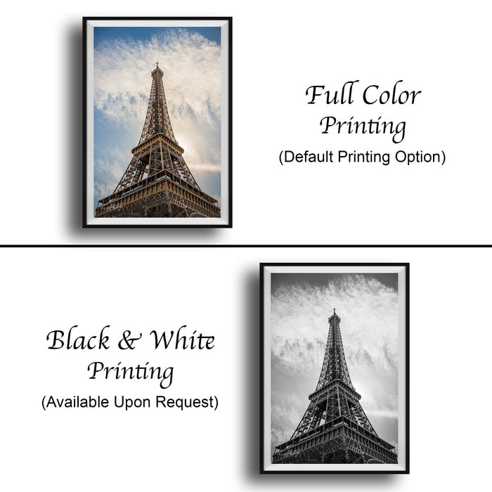 The image is a collage of two framed pictures. The top picture is a full color print of the Eiffel Tower, while the bottom picture is a black and white print of the same tower. Both pictures are framed and available upon request.