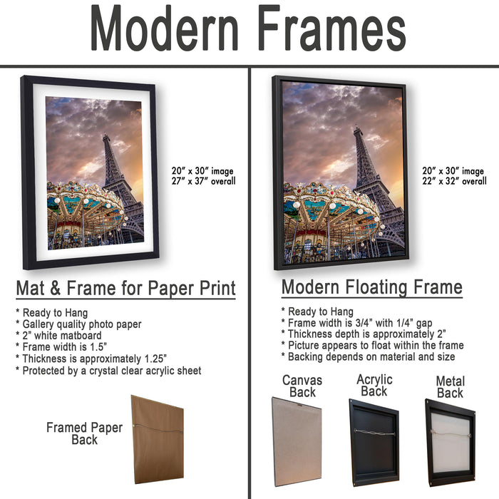 The image is a comparison of modern frames for different types of paper prints, including mat & frame for paper print and modern floating frame for canvas back.