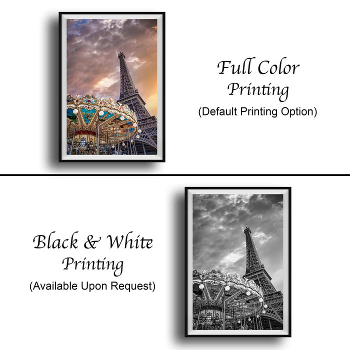 The image is a collage of two framed pictures. The top picture is a full color print of the Eiffel Tower, while the bottom picture is a black and white print of the same tower. Both pictures are framed and available upon request.