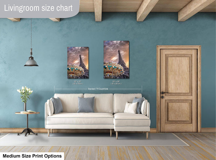 a living room with a white sofa, a wooden door, and a painting of the Eiffel Tower on the wall.