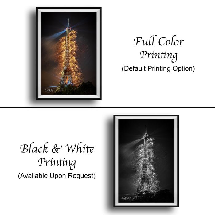 The image is a collage of two framed pictures. The top picture is a black and white photograph of the Eiffel Tower, while the bottom picture is a full color photograph of the same tower. The bottom picture also includes text that states "Full Color Printing (Default Printing Option)" and "Black & White Printing (Available Upon Request)."