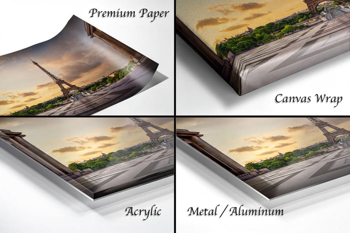 The image is a collage of four different views of the Eiffel Tower, with each view presented in a different medium: premium paper, canvas wrap, acrylic, and metal/aluminum.