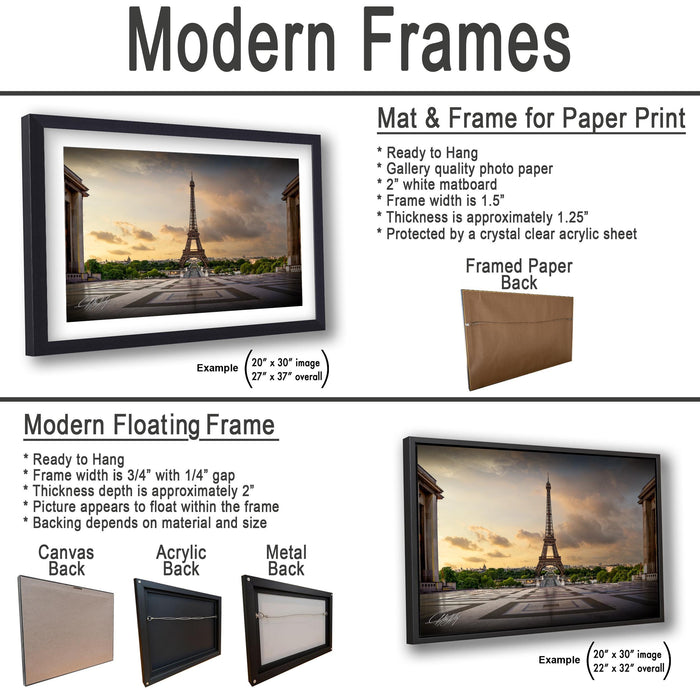 The image is a comparison of two different types of frames for a photograph: a mat and a frame for paper print, and a modern floating frame for a photograph.