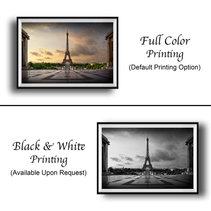 The image is a collage of two framed pictures. The top picture is a full color print of the Eiffel Tower, while the bottom picture is a black and white print of the same landmark. Both pictures are framed and available upon request.