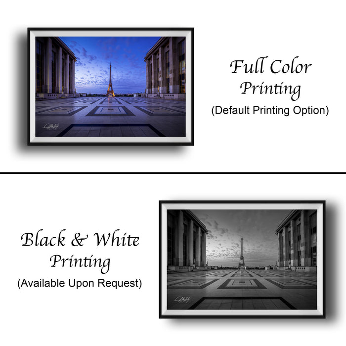 The image is a collage of two framed photographs. The top photograph is a full color print of the Eiffel Tower at night, while the bottom photograph is a black and white print of the same view. Both images are framed and available upon request.