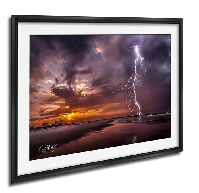 a dramatic lightning storm over a beach, with the sky filled with vibrant colors and streaks of lightning illuminating the scene.
