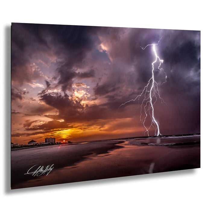 a dramatic lightning storm over a beach at sunset, with the sky filled with vibrant colors and the lightning bolts striking across the scene.