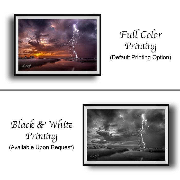 The image is a collage of two framed photographs depicting a dramatic lightning storm over a beach. The top photograph is a full-color print, while the bottom photograph is a black and white print. Both images are framed and available upon request.