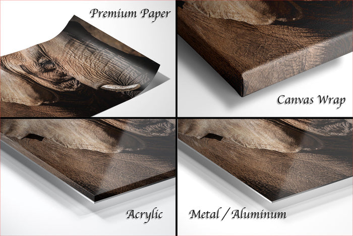The image is a collage of four different close-up views of a wooden surface, each with a different finish: "Premium Paper", "Canvas Wrap", "Acrylic", and "Metal/Aluminum".