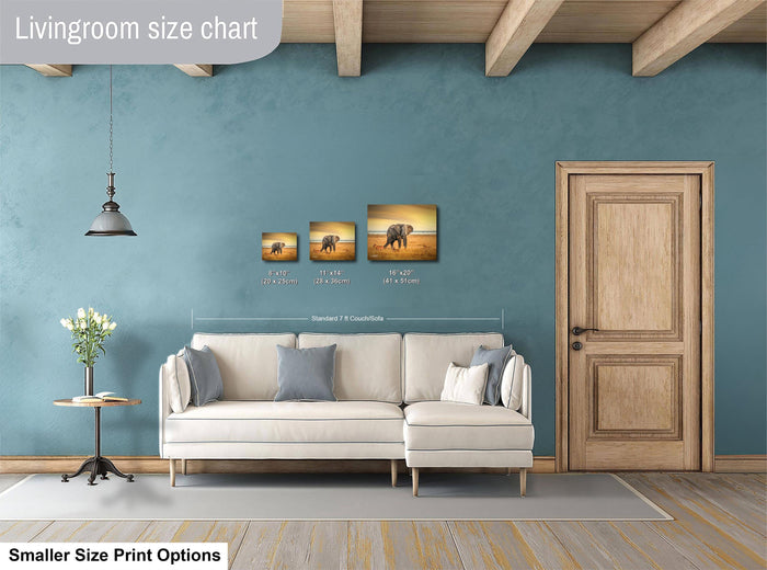a living room with a white sofa, a wooden door, and a painting of an elephant on the wall. The living room appears to be designed for relaxation and comfort, with a focus on the sofa and the artwork.