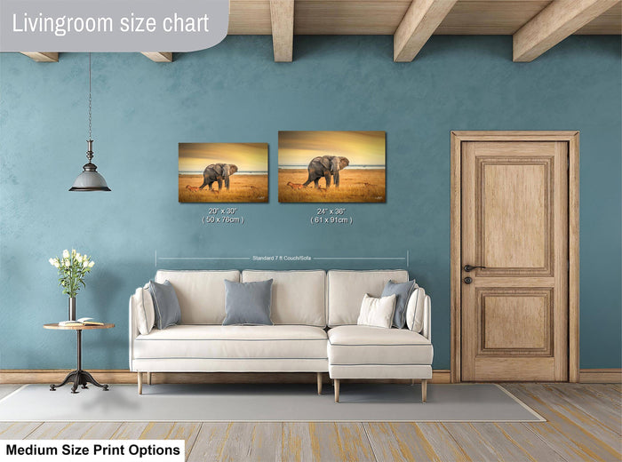 a living room with a white sofa, a wooden door, and a painting of an elephant on the wall. The painting is of medium size, and the sofa is of standard size. The living room has a blue wall and a wooden floor.