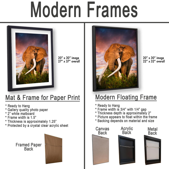 The image is a comparison of modern frames for different types of artwork, including a mat and frame for a paper print and a modern floating frame for a painting.