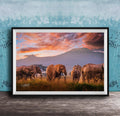 A group of elephants grazing in a grassy field with a mountain in the background, set against a colorful sunset sky.
