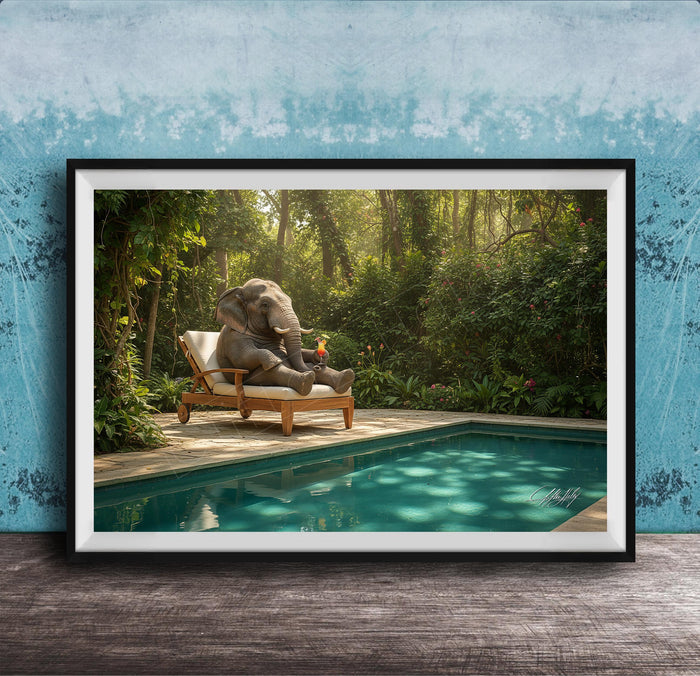A large elephant sits on a wooden lounge chair in a lush, green forest, with a swimming pool in the foreground.