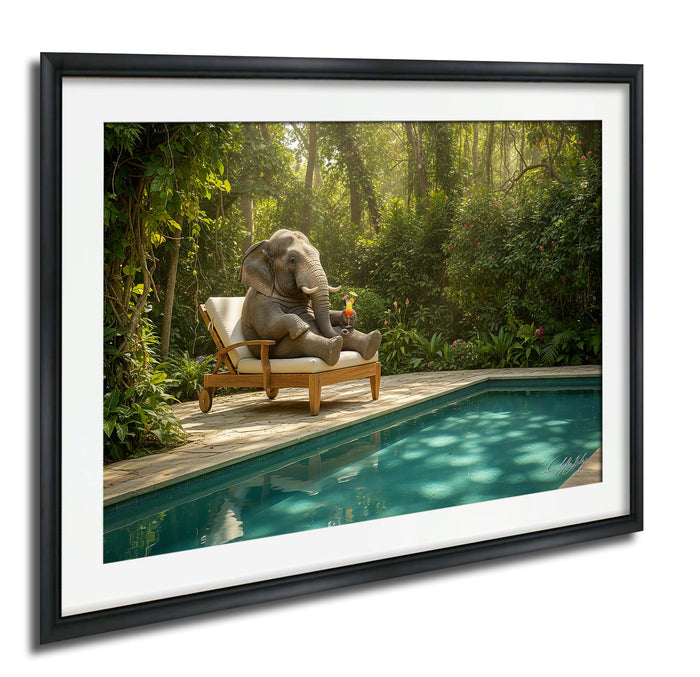 A large elephant sits in a wooden chair on a deck overlooking a swimming pool, surrounded by lush greenery.