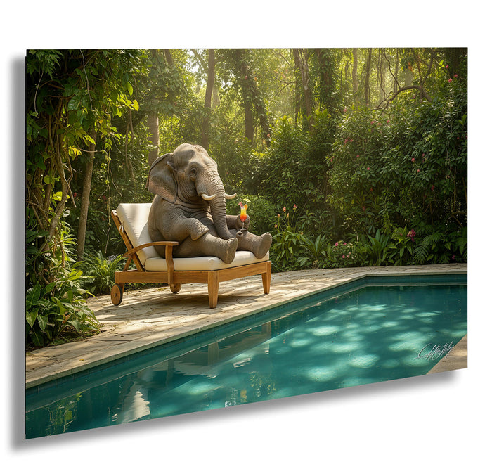 An elephant sits on a wooden lounge chair by a swimming pool, surrounded by lush greenery.