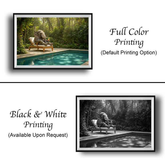 The image is a collage of two framed pictures. The top picture shows a black and white image of an elephant sitting on a chair in a garden, while the bottom picture is a full color image of the same elephant sitting on a chair in a garden. The text below the images indicates that the full color printing is available upon request.