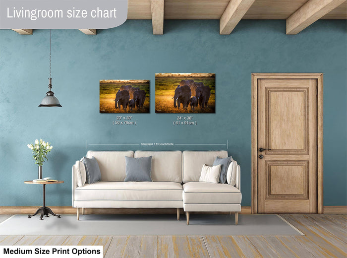 a living room with a white sofa and a wooden door. Above the sofa, there is a livingroom size chart indicating the dimensions of the sofa and the door.
