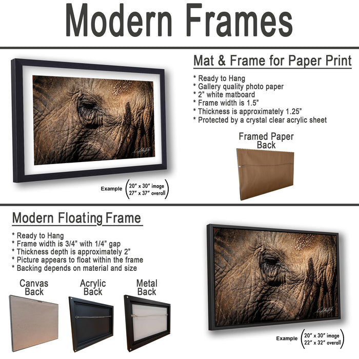 The image is a collage of three framed artworks, each with a different frame and backing material. The first frame is a mat and frame for a paper print, the second frame is a modern floating frame, and the third frame is a mat and frame for a printed back.