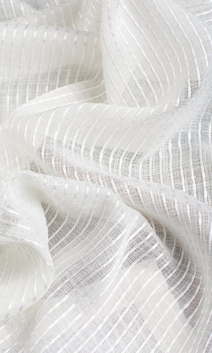 Embroidered Striped Sheer Fabric By the Metre for Curtains & Drapes (White)