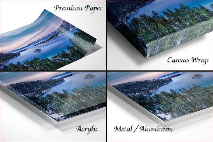 four different views of a landscape photograph, including a close-up of the trees, a landscape painting, a canvas wrap, and a close-up of the trees.