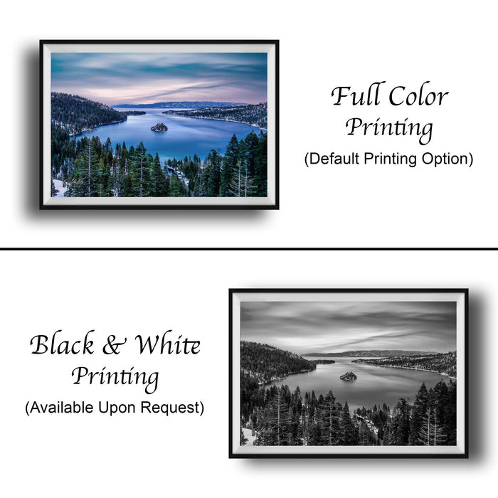 The image is a collage of two framed landscape photographs. The top photograph is a full color print, while the bottom photograph is a black and white print. Both images depict a serene landscape with a lake surrounded by trees. The top photograph has a blue sky and a sunset, while the bottom photograph has a cloudy sky and a calm lake. The top photograph is labeled "Full Color Printing" and the bottom photograph is labeled "Black & White Printing" and "Available Upon Request".