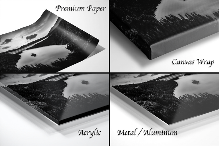 The image is a collage of four different photographs, each depicting a landscape scene. The photographs are labeled as "Premium Paper", "Canvas Wrap", "Acrylic", and "Metal/Aluminum".