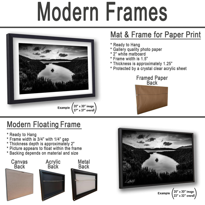The image is a collection of framed artworks, including a mat and frame for a paper print, a modern floating frame, and a framed paper back. The artworks are displayed in various sizes and frame types, showcasing the versatility of these frames for different artistic presentations.