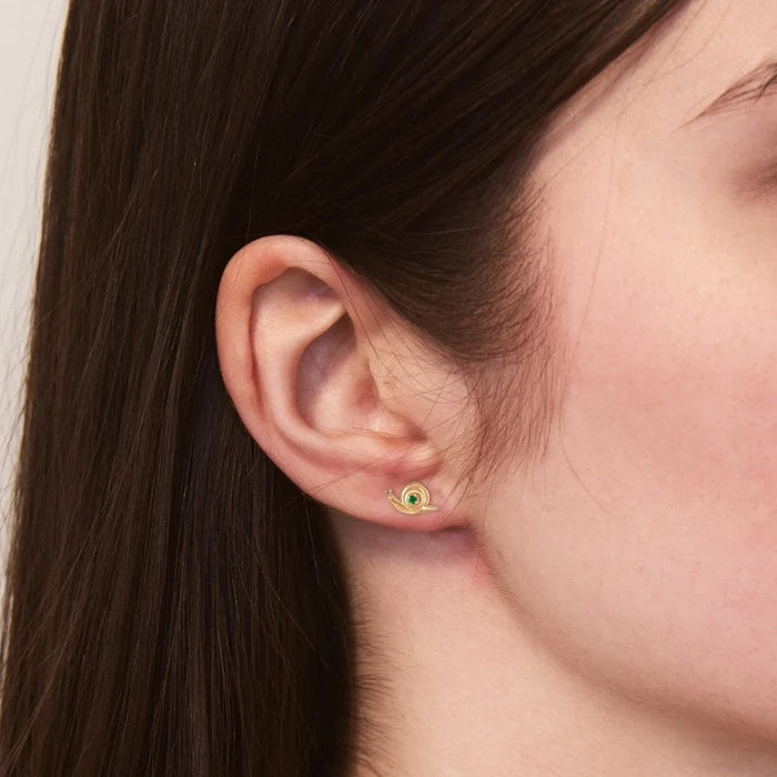 Emerald Snail Studs in 10k/14k yellow gold with emeralds, alternate angle detail view