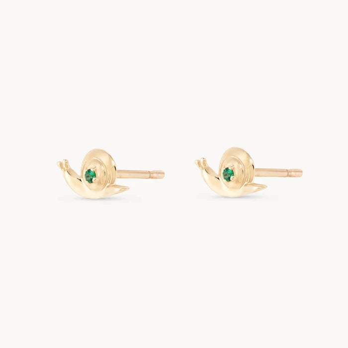 Emerald Snail Studs in 10k/14k yellow gold with emeralds, alternate angle detail view 2