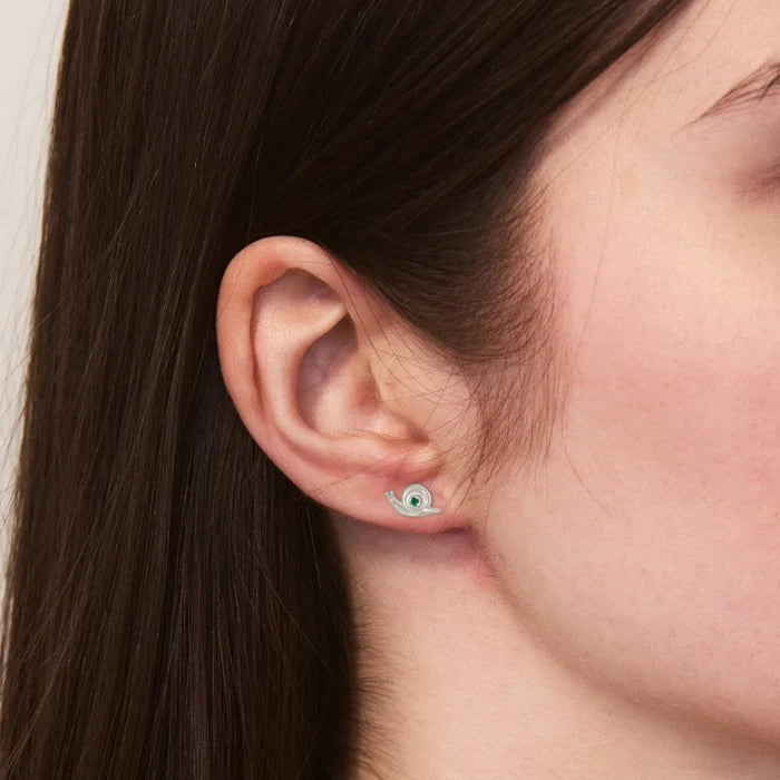 Emerald Snail Studs in sterling silver with emeralds, alternate angle detail view