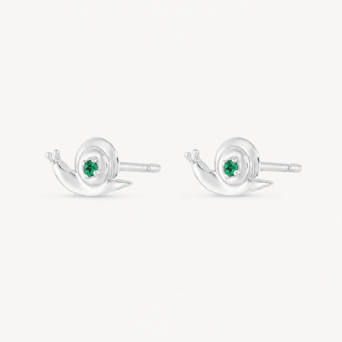 Emerald Snail Studs in sterling silver with emeralds, back detail view