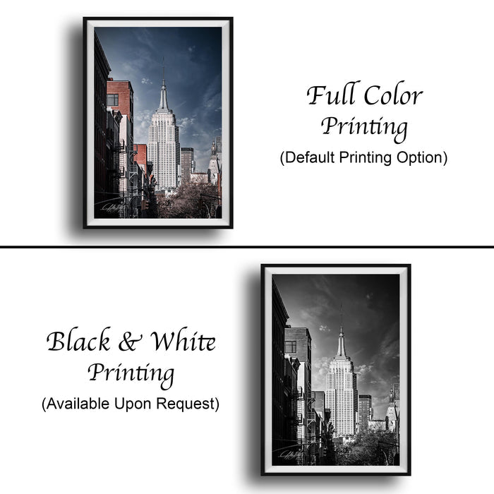 The image is a collage of two framed photographs depicting the New York City skyline, with one in black and white and the other in full color.