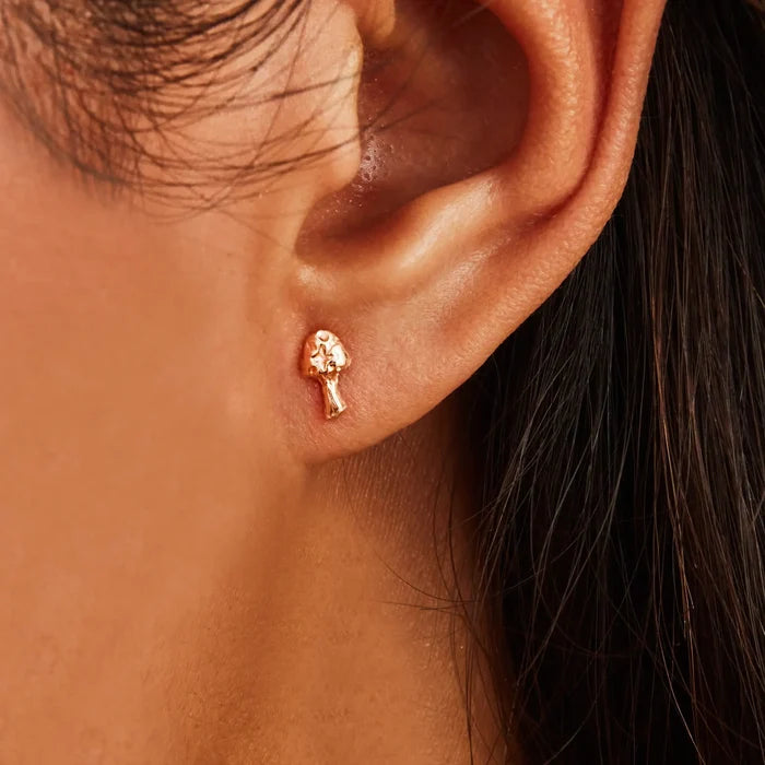 Enchanted Spirit Mushroom Earring in 14k yellow gold, shown worn on hand