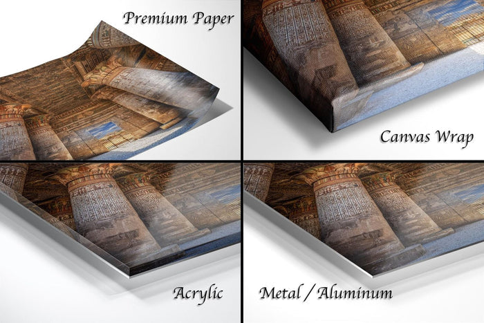 The image is a collage of four different views of an ancient architectural structure, such as a temple or monument, with the text "Premium Paper", "Canvas Wrap", "Acrylic", and "Metal/Aluminum" indicating the materials used for the print.