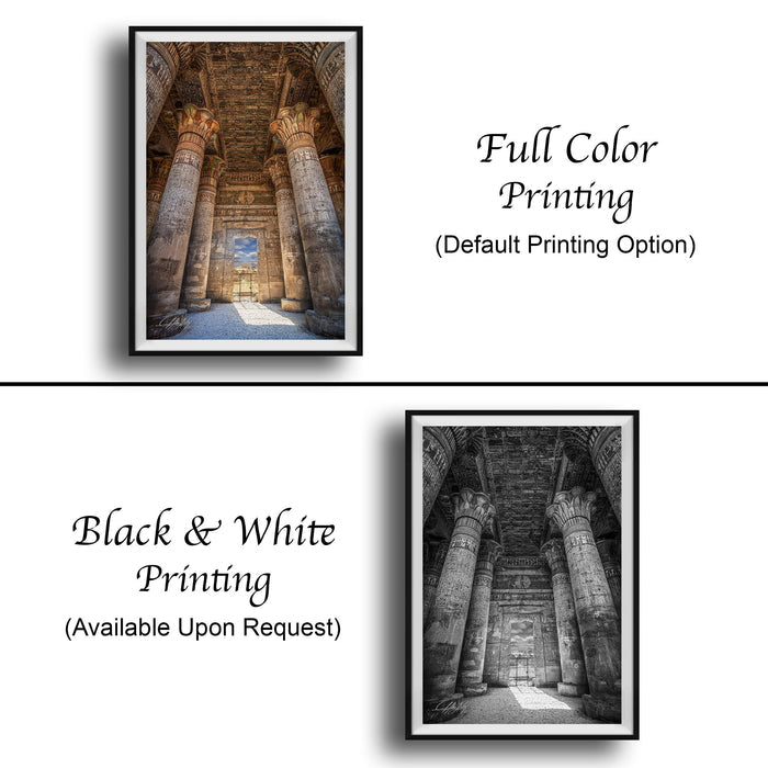 The image is a collage of two framed pictures. The top picture is a full color print of a large, ornate interior with tall columns, while the bottom picture is a black and white print of the same interior. Both pictures are framed and available upon request.