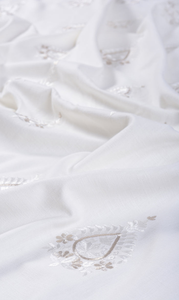 Embroidery Fabric By the Metre for Curtains & Drapes (Pure White/ Pale Gray)