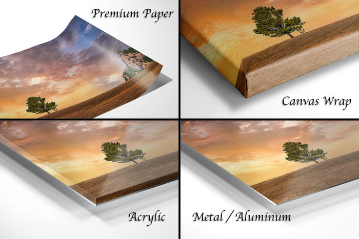 The image is a collage of four different images, each depicting a landscape scene with a tree. The images are labeled as "Premium Paper", "Canvas Wrap", "Acrylic", and "Metal/Aluminum".